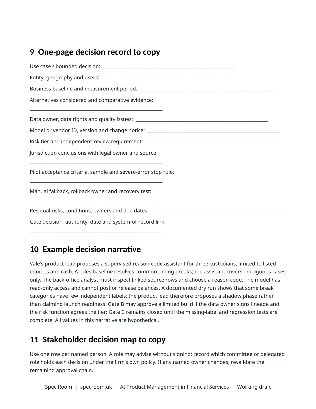 Actual playbook page 6: one-page decision record and fictional Vale decision narrative